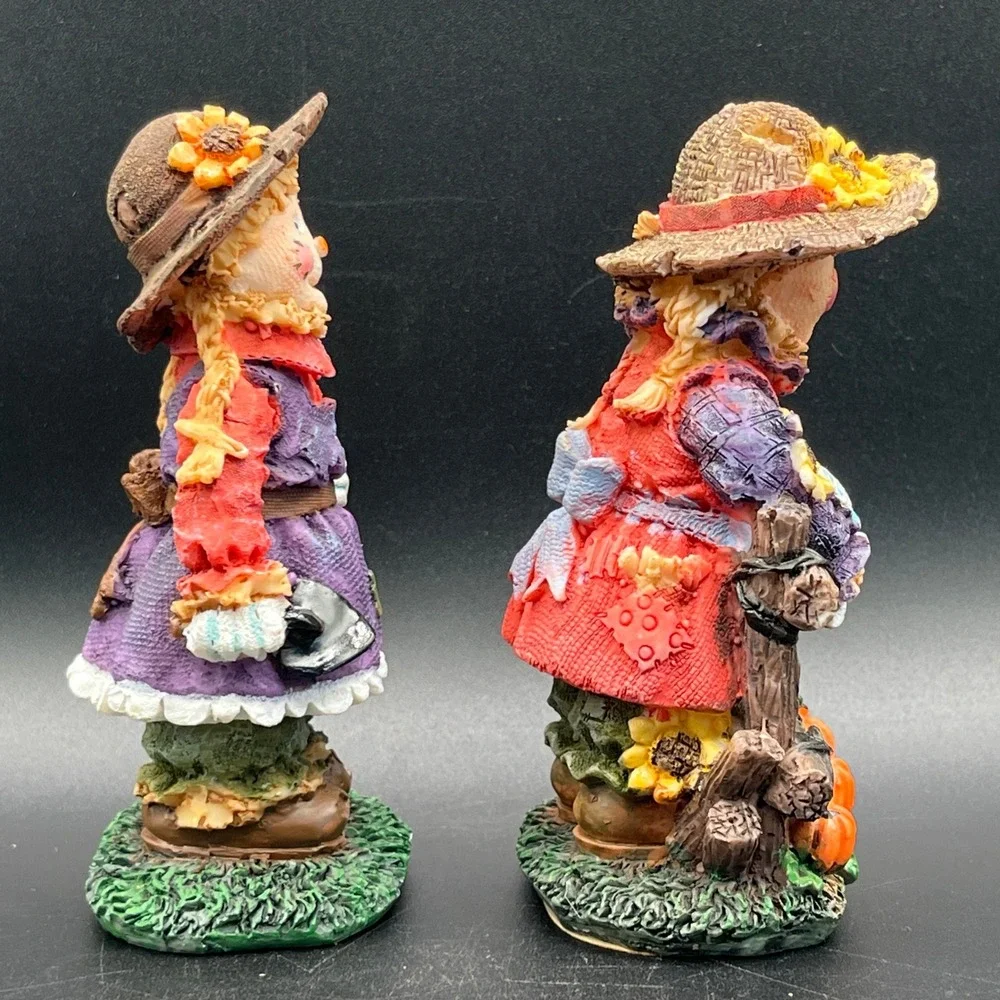 Set of 2 Fall Scarecrow Figurines Resin Harvest Decor Sunflowers Pumpkins 5